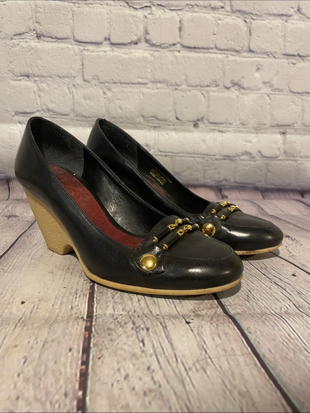AEROSOLES Black Leather Wedge Pumps with Gold Hardware